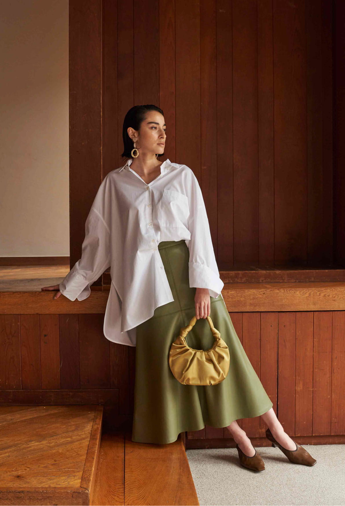 Shirt, Skirt, Bag, Earrings, and Shoes