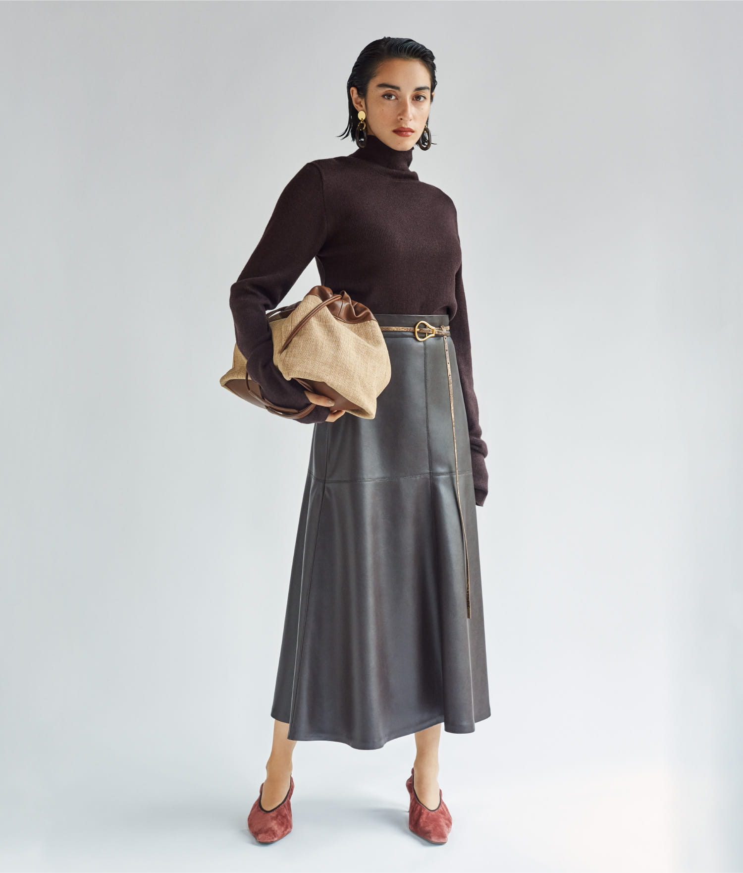 Knit tops, Skirt, Earrings, Bag, Belt, and Shoes