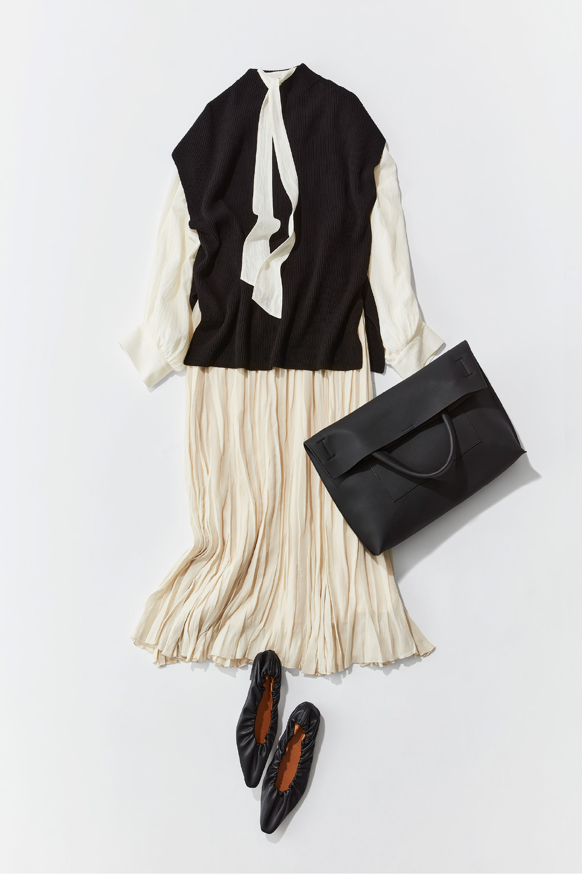 Knit tops, Blouse, Skirt, Bag, and Shoes