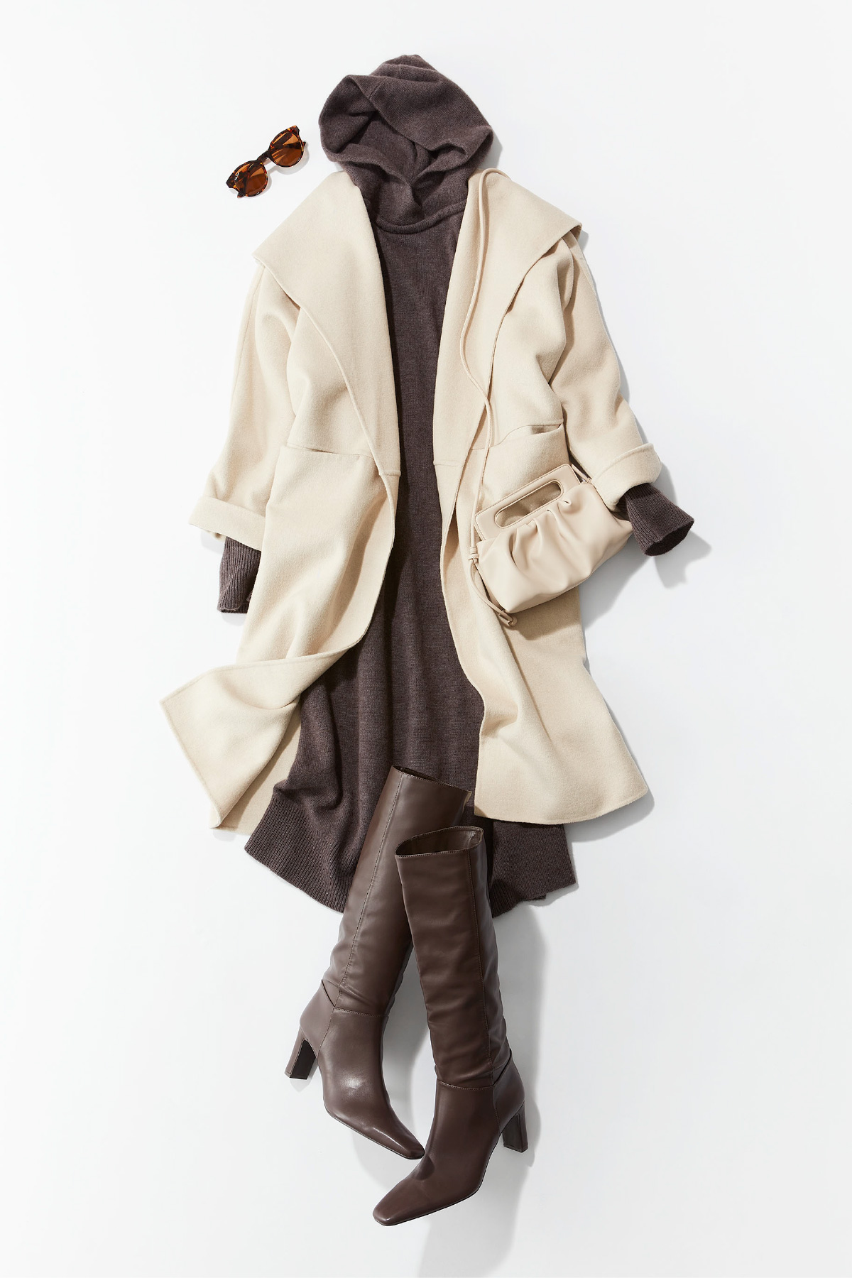 Coat, Knit dress, Sunglasses, Bag, and Boots