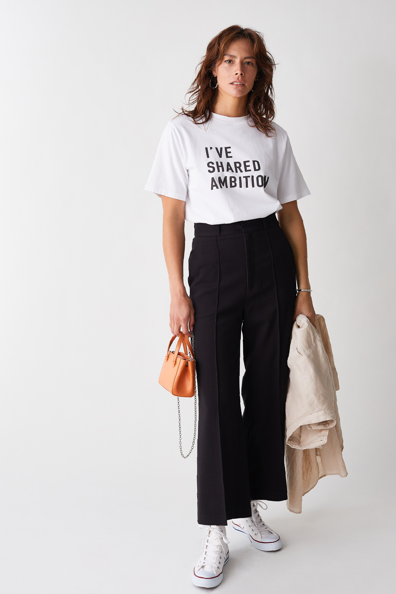 Shirt, T-shirt, Pants, Glasses, Pierced earrings, and Bag