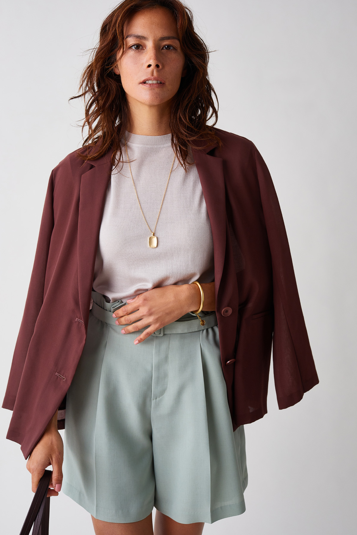 Jacket, Knit tops, Pants, Necklace, Bag, and Sandals