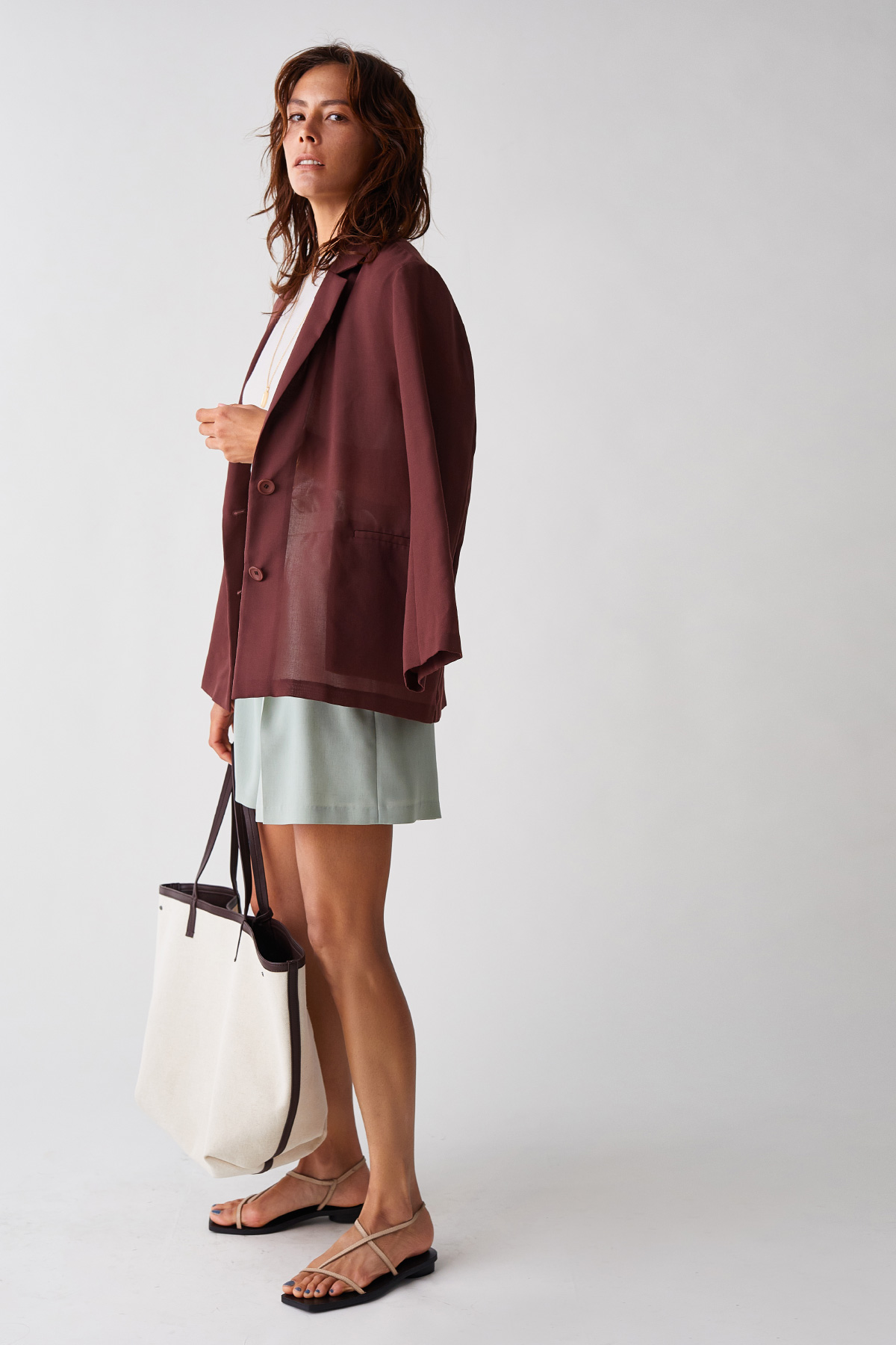 Jacket, Knit tops, Pants, Necklace, Bag, and Sandals