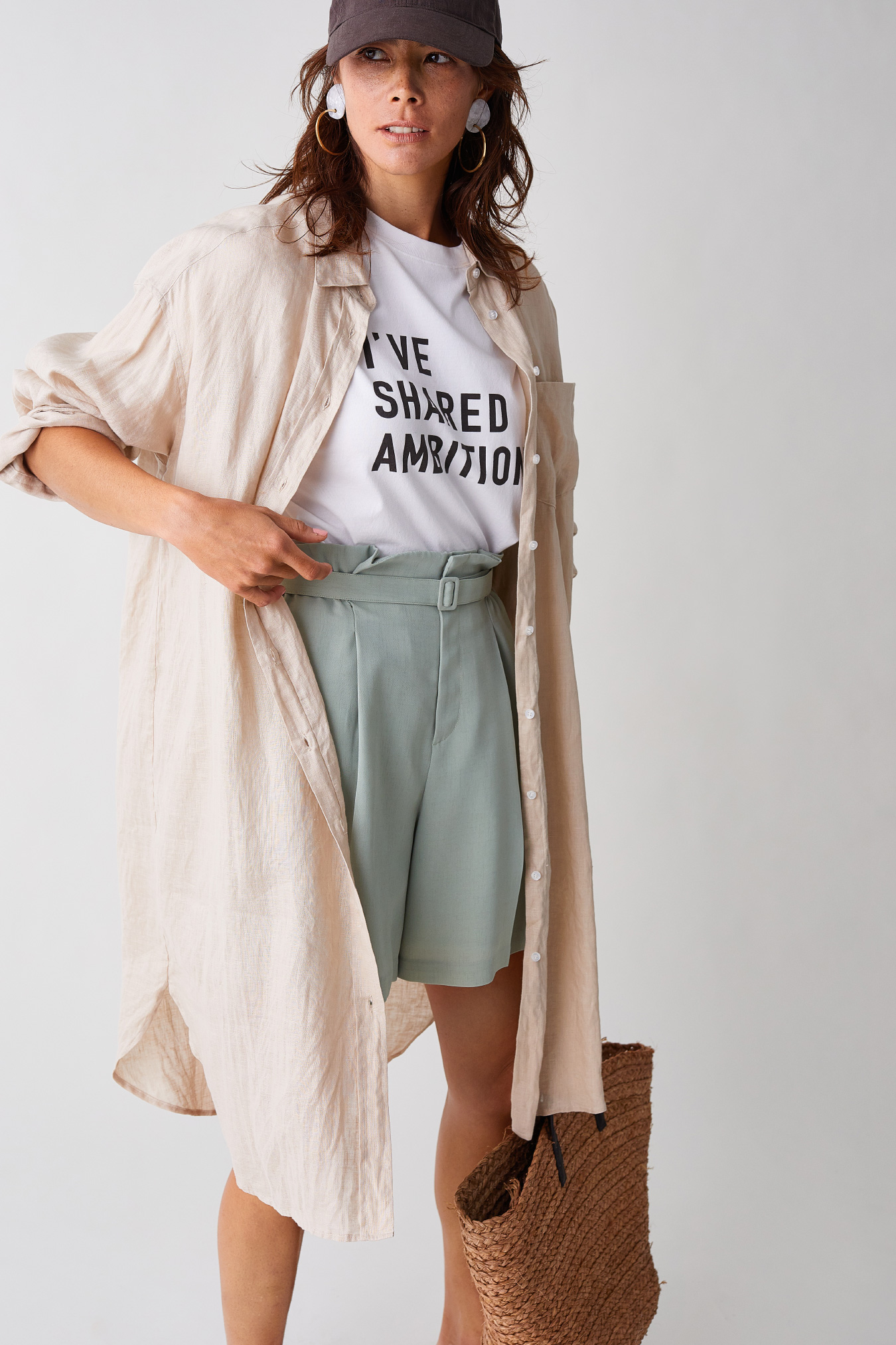 Shirt, T-shirt, Pants, Cap, Earrings, Bag, and Sandals