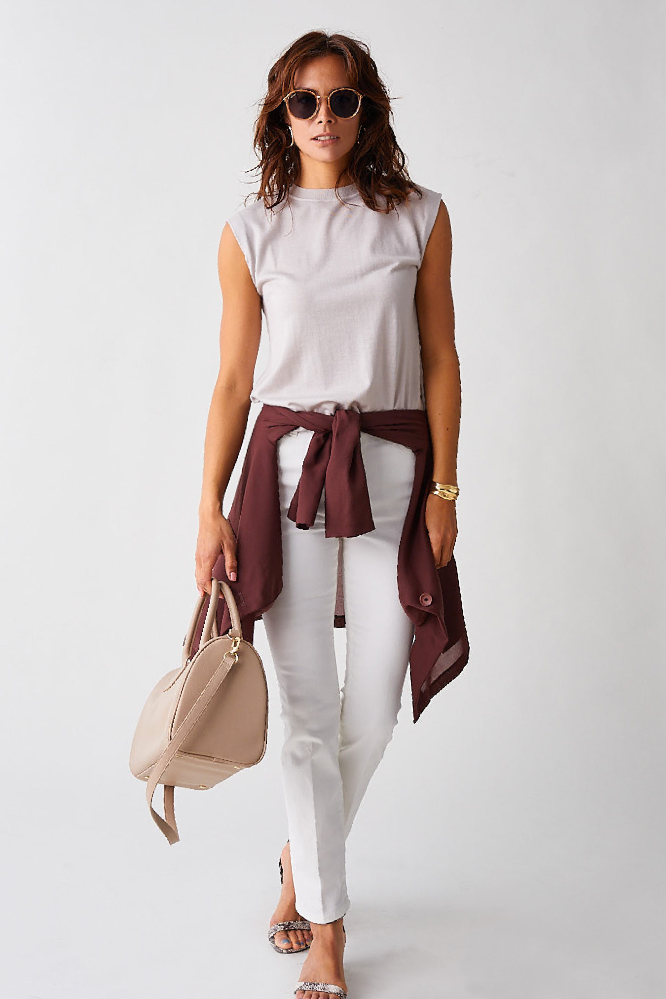 Jacket, Knit tops, Pants, Sunglasses, Pierced earrings, Bangle, Bag, and Sandals