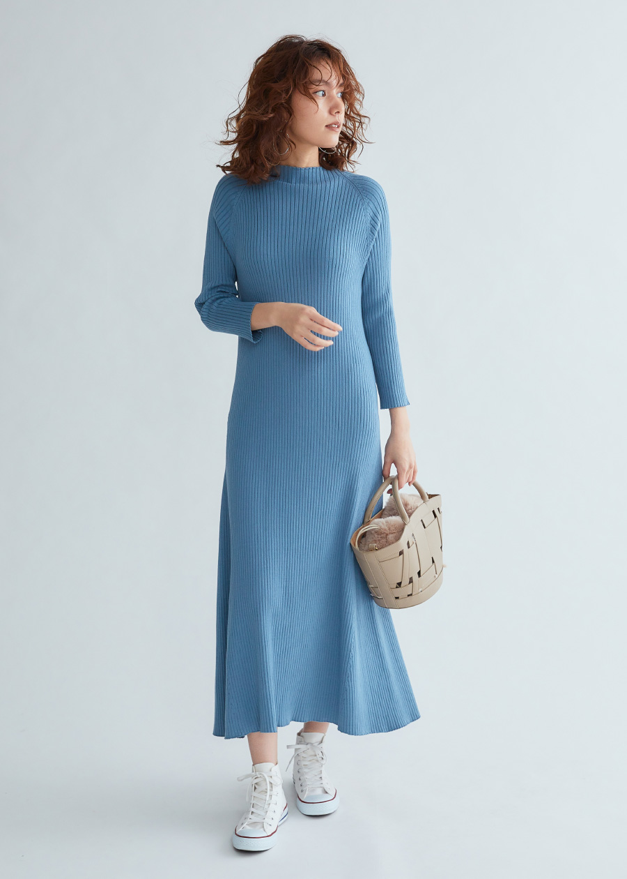 Knit dress, Pierced earrings, and Bag